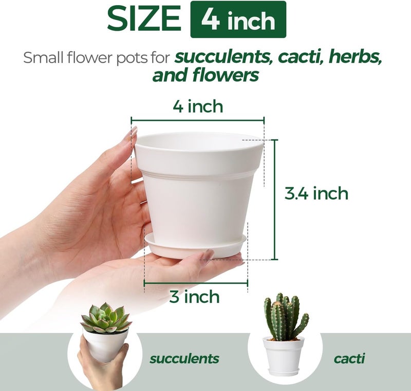 T4U 4 Inch Plant Pots 8-Pack, Small Flower Pots with Drainage Hole and Saucer, Decorative Nursery Pot Bulk for African Violet, Snake Plant, Succulent, Herb and Plants Indoor (8 Pcs 4" Pots, White) - Image 2